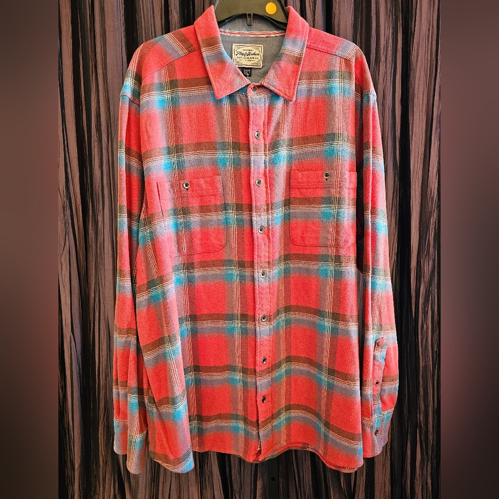 Flag of Anthem. 2XLB. L/S Shirt. Coral, blue & brown plaid. Heavy woven fabric.